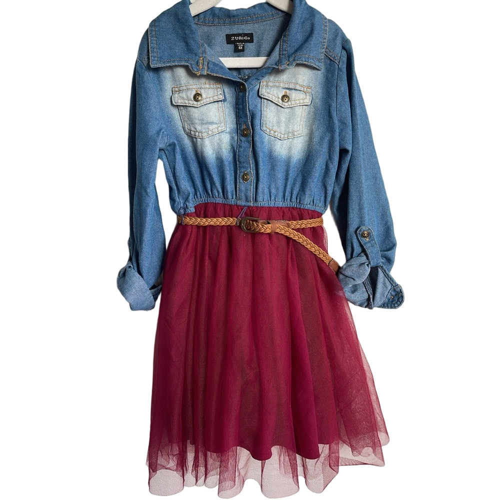 Zunie Denim and Burgundy Tulle Dress
